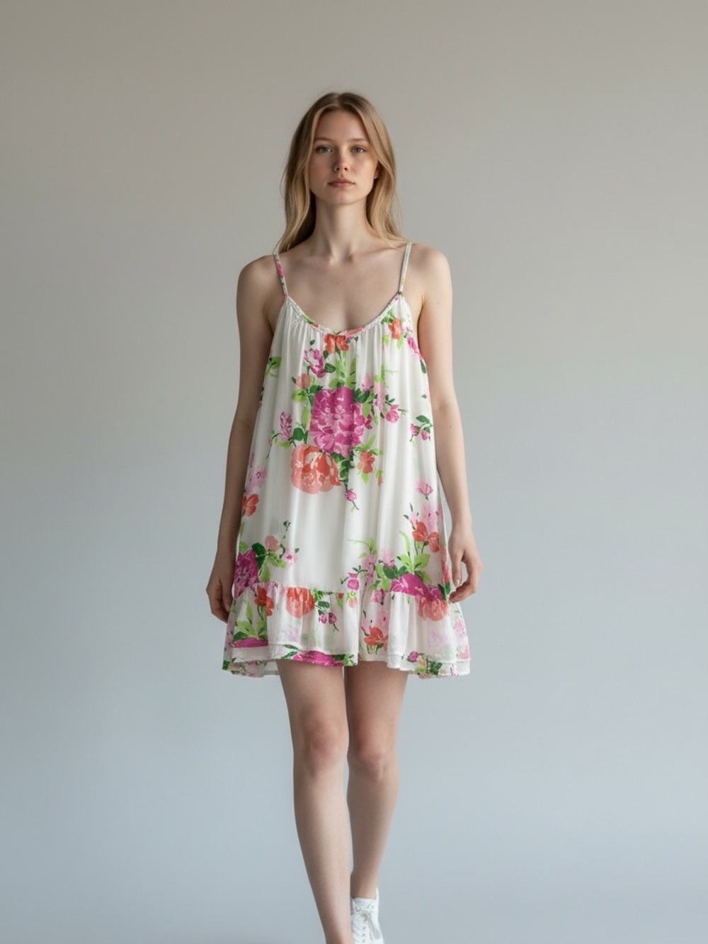 Abercrombie & Fitch White Slip Dress with Pink and Green Floral Print Sz M